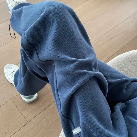 蓝色运动裤女春秋新款高腰直筒宽松显瘦ins百搭休闲抽绳束脚卫裤图片