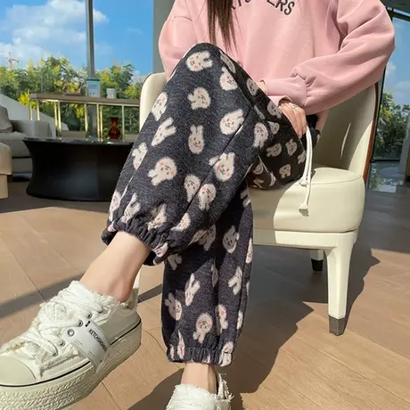 毛呢卡通阔腿女秋冬2023新款高腰宽松仿羊绒休闲裤呢子束脚哈伦裤图片