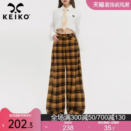 KEIKO 黄色格子毛呢背带裤2023秋冬英伦复古显瘦直筒裤阔腿休闲裤商品大图
