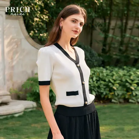 PRICH23秋新款复古小香风黑白撞色百搭柔软舒适针织衫套装女商品大图