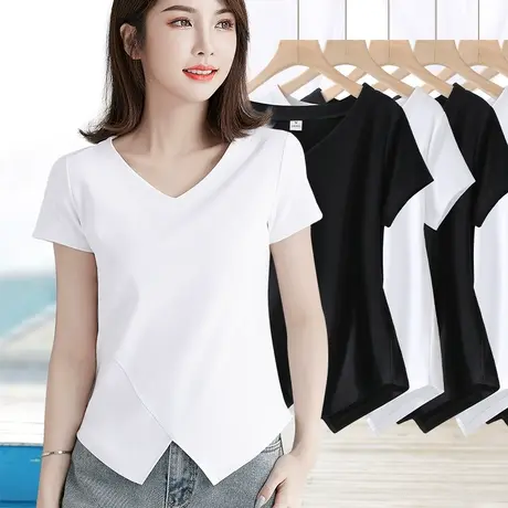 2024夏季新款v领短袖纯白色t恤女不规则下摆开叉大码遮肉显瘦上衣商品大图