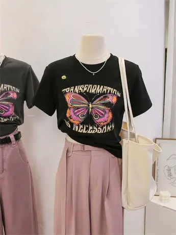 潮牌辣妹3D蝴蝶印花短袖t恤女夏季设计感小个子修身显瘦圆领上衣商品大图