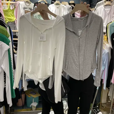 莫代尔连帽长袖T恤短外套女春季新款修身显瘦弧形下摆防晒开衫 潮商品大图