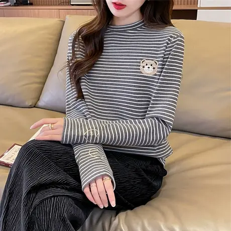 德绒磨毛长袖t恤女秋冬修身加绒加厚条纹内搭打底衫上衣保暖小衫图片