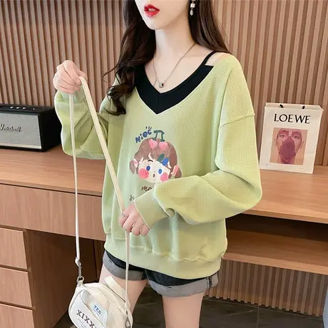 小个子撞色卫衣女春秋韩版宽松薄款华夫格假两件长袖t恤上衣外套商品大图