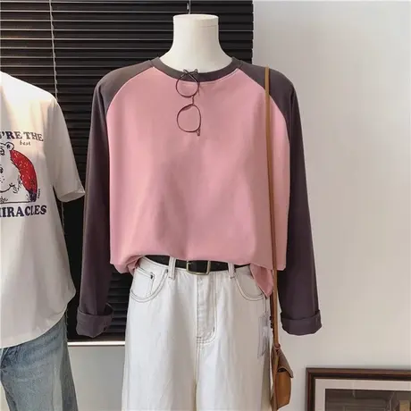 拼接撞色插肩袖T恤女秋冬宽松显瘦德绒磨毛加厚保暖长袖上衣ins潮商品大图