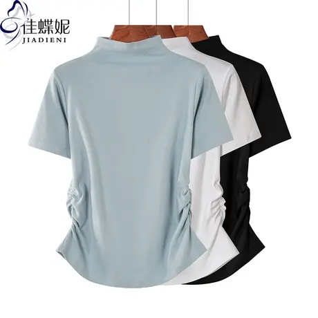 夏季新款韩版半高领小宽松纯棉褶皱纯色燕尾摆短袖体恤上衣内搭女商品大图