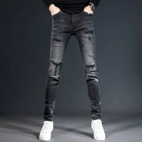 高街破洞牛仔裤男2023秋冬季新款修身小脚黑色补丁休闲弹力裤子男商品大图