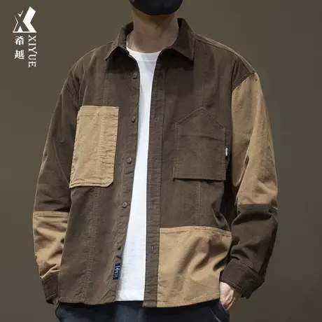 美式复古撞色灯芯绒衬衫外套男重磅水洗夹克春秋宽松大码衬衣男士商品大图