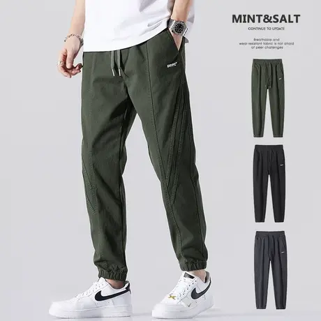 日系港风军绿色拼接条纹工装休闲裤男士九分束腿粗男裤子男生夏天商品大图