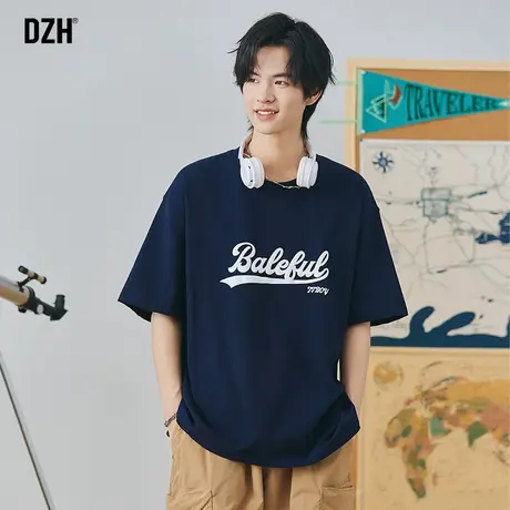 男士藏青色短袖t恤男重磅纯棉2023新款夏季上衣印花体恤美式半袖商品大图