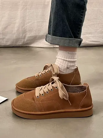 复古系带勃肯鞋女2023年秋冬新款休闲平底豆豆鞋森系丑萌加绒单鞋图片