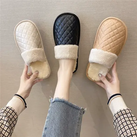 秋冬季兔毛绒棉拖鞋女2023新款家居家用防滑室内保暖鞋月子包头拖商品大图