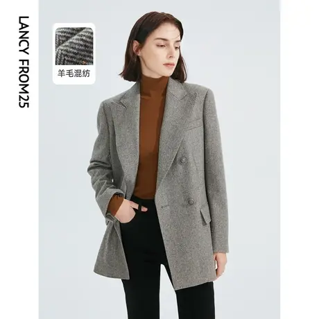 朗姿羊毛法式复古垫肩时尚通勤职业西服外套女秋冬新款西装高级感图片