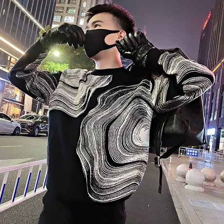 设计感不规则提花针织毛衣男秋冬款时尚宽松个性加厚套头打底线衣图片