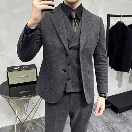 冬季加厚保暖星空毛呢子西装男两粒扣修身痞帅商务通勤西服三件套商品大图