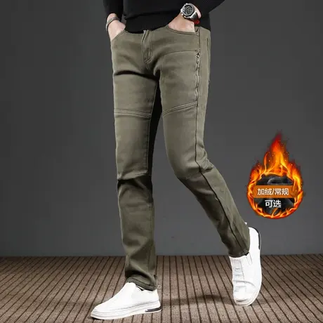 加绒牛仔裤男款2023新款秋冬季军绿色修身小脚休闲弹力加厚裤子男商品大图