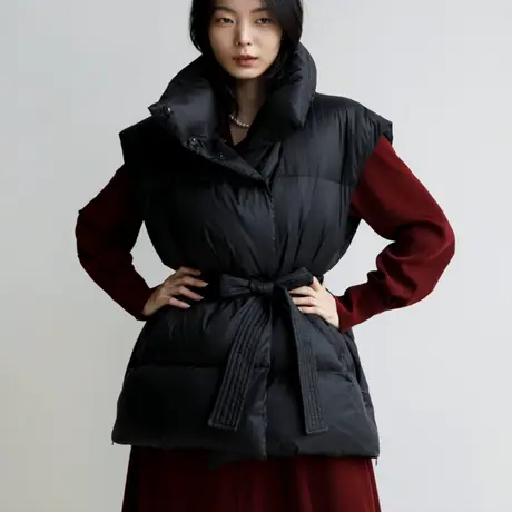 纯诗曼秋冬新款羽绒棉马甲外套女中长款系带休闲百搭时尚马夹棉服图片