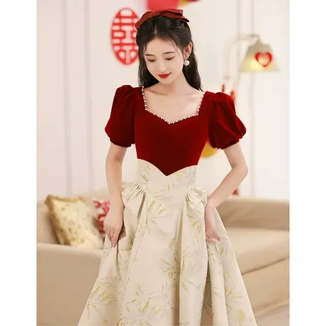 敬酒服新娘订婚礼服女夏季日常酒红色连衣裙小个子法式泡泡袖显瘦图片