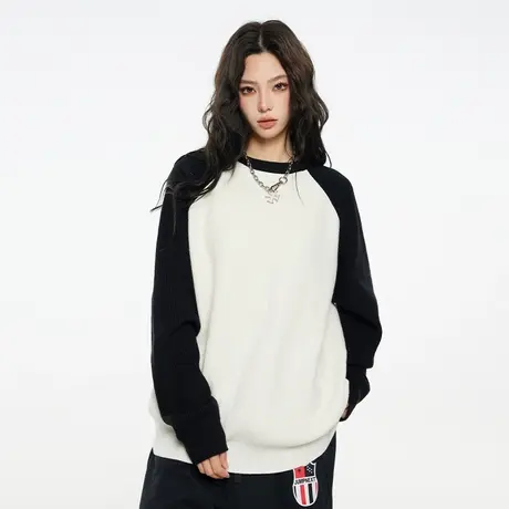 Nuthink小众撞色圆领毛衣男冬季加厚套头内搭针织衫宽松男士线衣商品大图