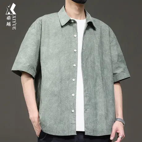 希越扎染短袖衬衫男2024春季宽松大码日系高级感衬衣男士纯棉外套图片