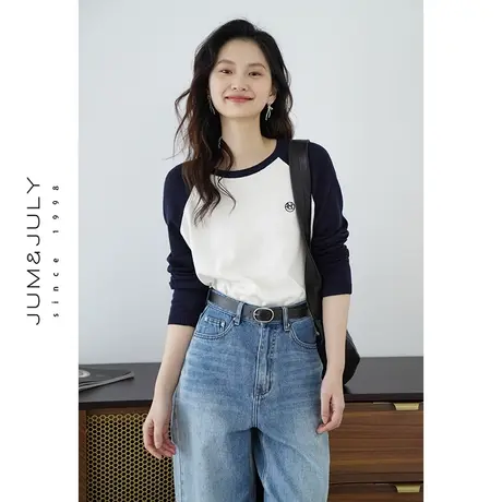 嘉茱莉2024春季新款撞色拼接针织衫女长袖针织T恤内搭打底衫上衣商品大图