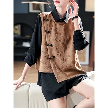 宝诗黎假两件拼接提花国风卫衣2024春季新款宽松短款休闲女装上衣图片
