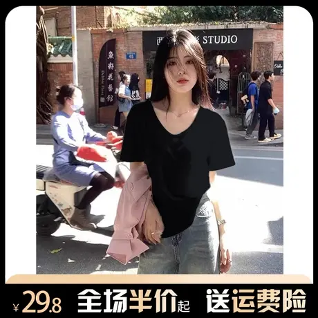纯棉黑色V领短袖T恤女春夏新款2024港味chic高级感韩系宽松上衣服商品大图