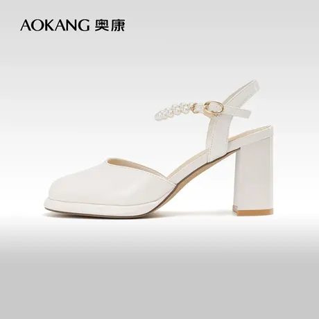 奥康女鞋 夏季新款时尚休闲仙女风包头浅口珍珠女凉鞋高跟鞋商品大图