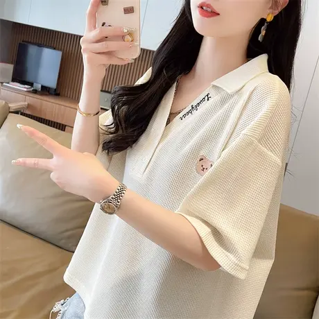 polo领短袖t恤女夏装韩版宽松大码设计感小众小个子华夫格上衣服商品大图