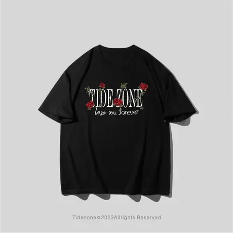 Ohlyah美式哥特字母玫瑰花卉t恤短袖男女款小众潮流重磅半袖体恤图片