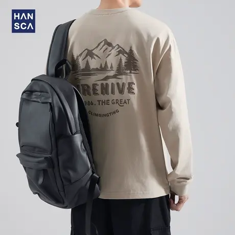 hansca 260g重磅长袖t恤男秋季圆领宽松大码痞帅潮牌后背印花上衣商品大图