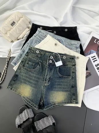 美式复古两粒扣牛仔短裤2024春夏新款显瘦百搭高腰弹力包臀辣妹裤商品大图