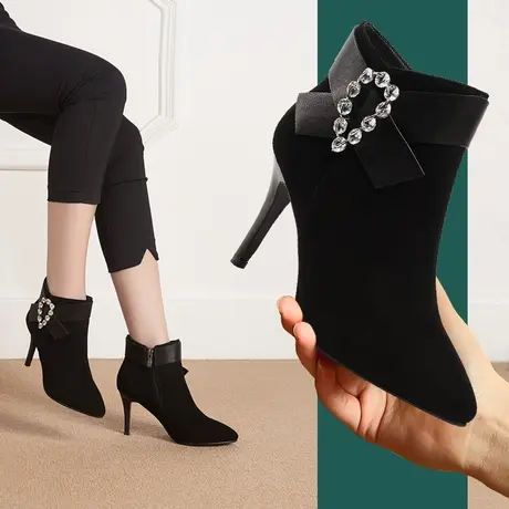 新款冬季真皮高跟短靴秋冬款细跟冬靴子百搭加绒女靴久穿不累商品大图