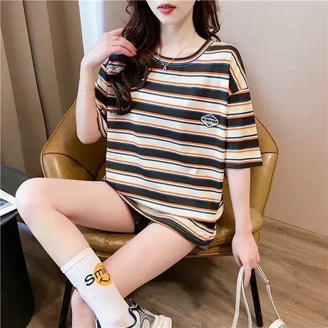 港风条纹短袖T恤女2024夏季新款百搭半袖衣服ins宽松休闲小众体恤商品大图