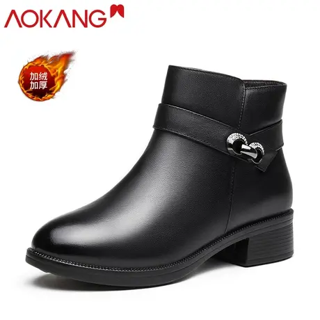 奥康女鞋妈妈短靴女冬季加绒保暖中老年棉鞋粗跟中跟防滑舒适靴子图片