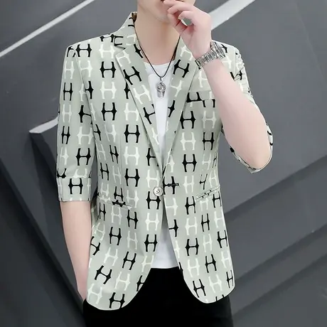 印花字母七分袖西服男士休闲韩版中袖小西装潮流夏季薄款半袖外套商品大图