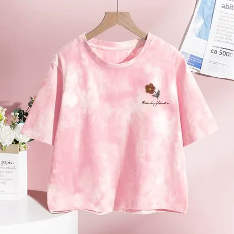 粉色短款t恤女2023夏季新款纯棉小众设计感上衣扎染高腰露脐短袖商品大图