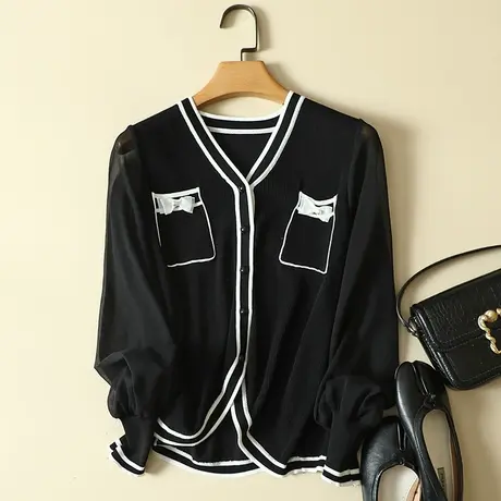 清仓！雪纺长袖冰丝针织开衫女秋季新款宽松上衣洋气蕾丝打底衫女商品大图