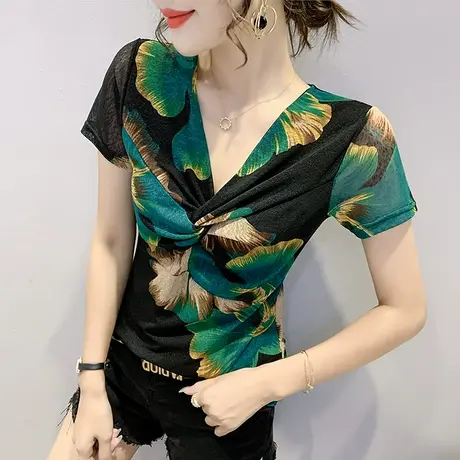 女装2023新款潮性感V领扭结T恤女短袖夏时尚印花上衣显瘦网纱小衫商品大图