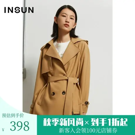 恩裳冬季新款短款腰带商务通勤OL驼色西装领外套风衣图片