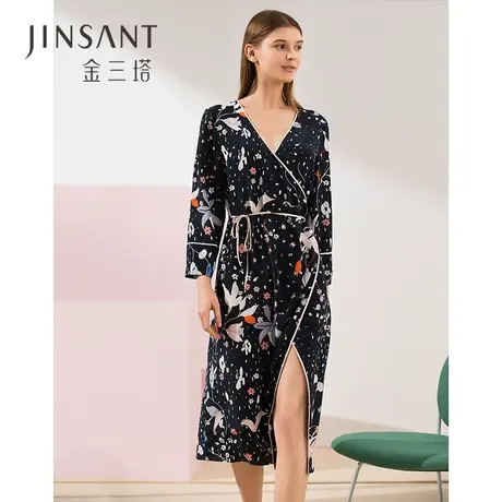金三塔新品 真丝印花长袖V领睡裙桑蚕丝性感可外穿家居服图片