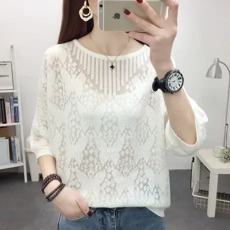 镂空针织衫女2023春秋装新款宽松七分袖短款薄上衣外穿洋气百搭潮图片