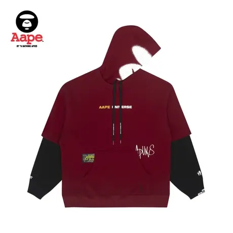 Aape旗舰店男装秋冬撞色字母猿颜印花假两件连帽卫衣3813XXH商品大图