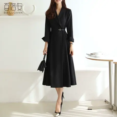 百洛安风衣式连衣裙长款秋装新款气质女神范高腰OL通勤a字大摆裙图片