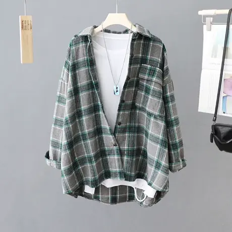 磨毛加厚格子衬衫外套女款秋冬季新款女装上衣休闲宽松衬衣打底衫商品大图