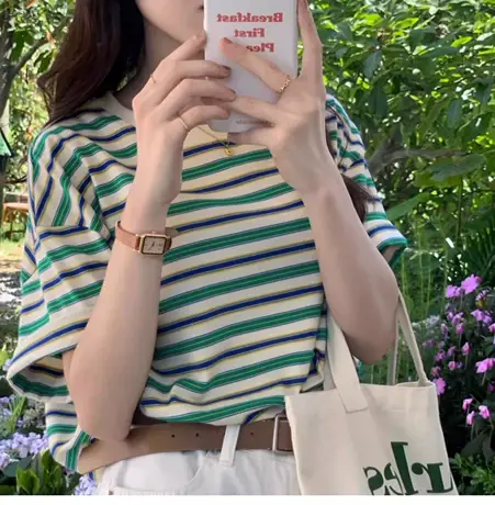 显白绿色条纹t恤女短袖夏季2023年新款薄款纯棉上衣宽松圆领体恤商品大图