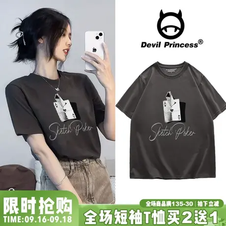 港风日系纯棉短袖t恤女宽松ins原宿风正肩韩版夏季深灰色半袖上衣商品大图