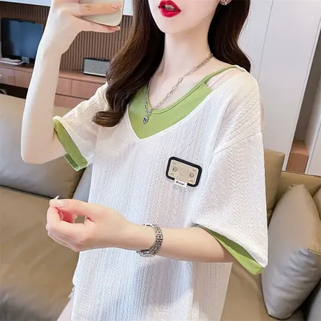 设计感小众短袖t恤女夏季韩版宽松大码华夫格拼色半袖假两件上衣图片