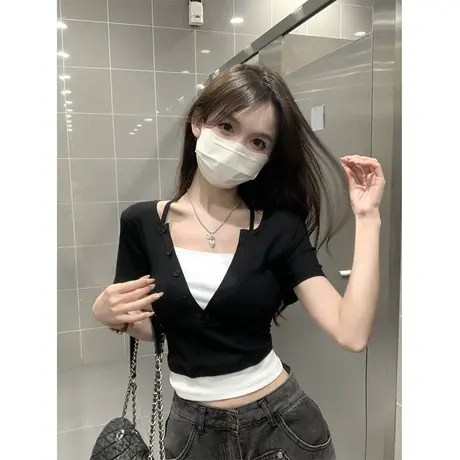 假两件设计感撞色短袖t恤女2023年新款夏季小众修身显瘦短款上衣商品大图